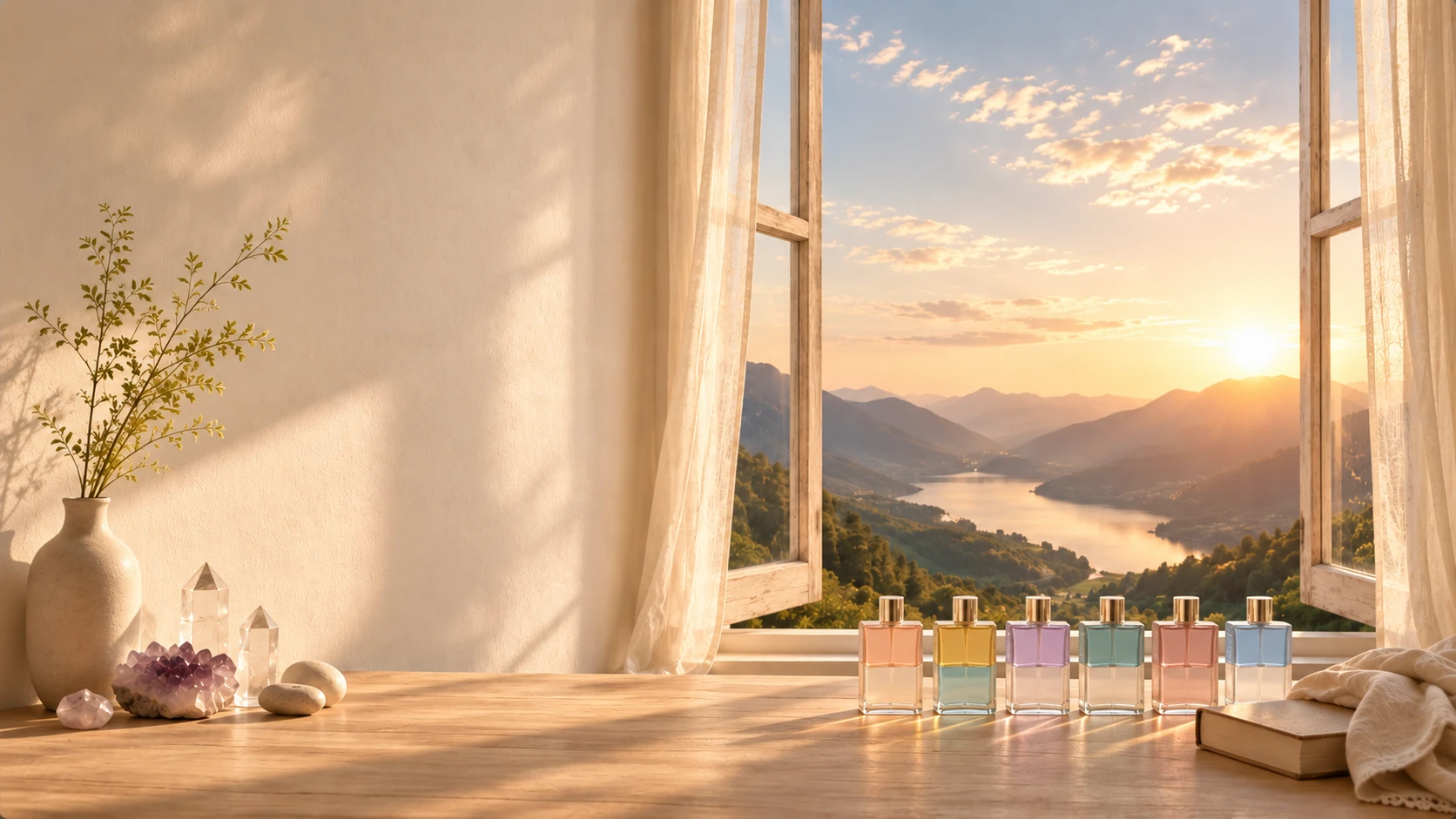 Aura-Soma Flaschen vor Fenster mit Bergblick